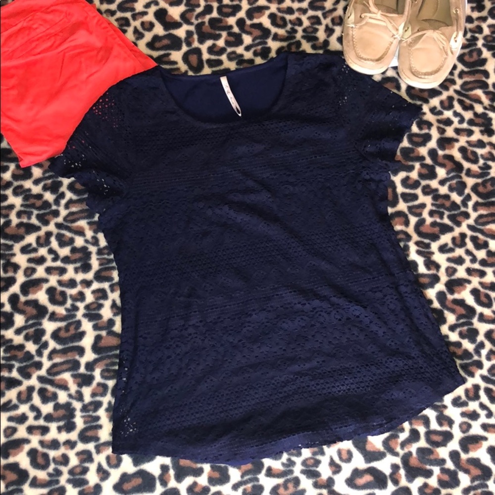 Leo & Nicole Short Sleeve Lace Admiral Navy Top
